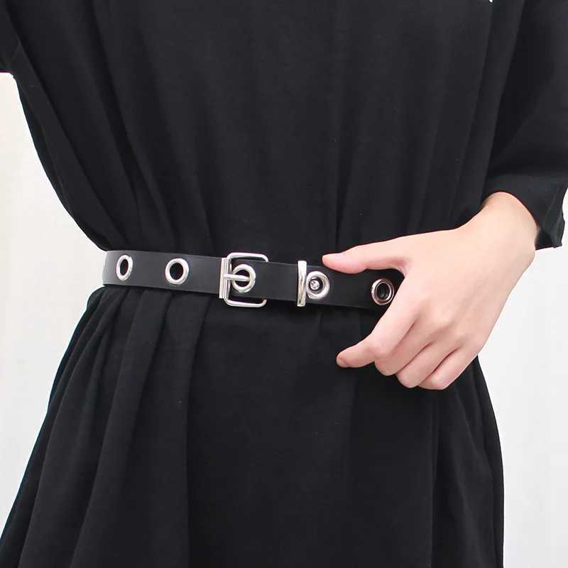 Fashion Harajuku Women Punk Chain Belt Adjustable Black Double/Single Eyelet Grommet Metal Buckle Leather Waistband For Jeans W250120