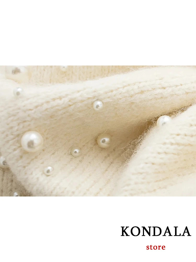 KONDALA Vintage Knitted Pearl Women Suits Long Sleeve O Neck Thick SweaterHigh Waist Knit Skirts Fashion 2025 Elegant Set 250122