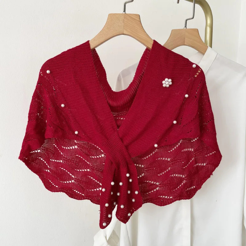 Woman Knitting Shawl Bride Elegant Hollow Out Pearl Decorated Shawls Solid Color Collar Scarf Ladies Casual Stole Poncho 250121