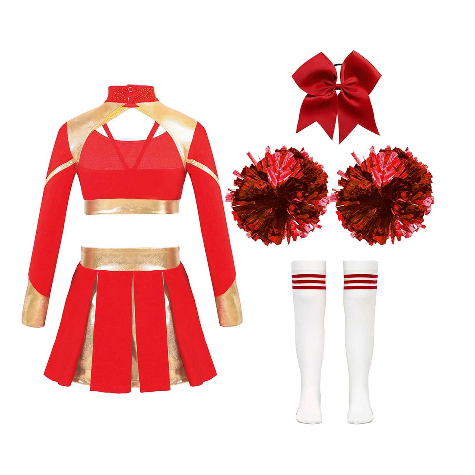Kids Girls Cheerlead Costume Sets Cheerleader Cheerleading Outfit Crop Top Pleated Skirt Striped Stockings Flower Balls SuitsW250121