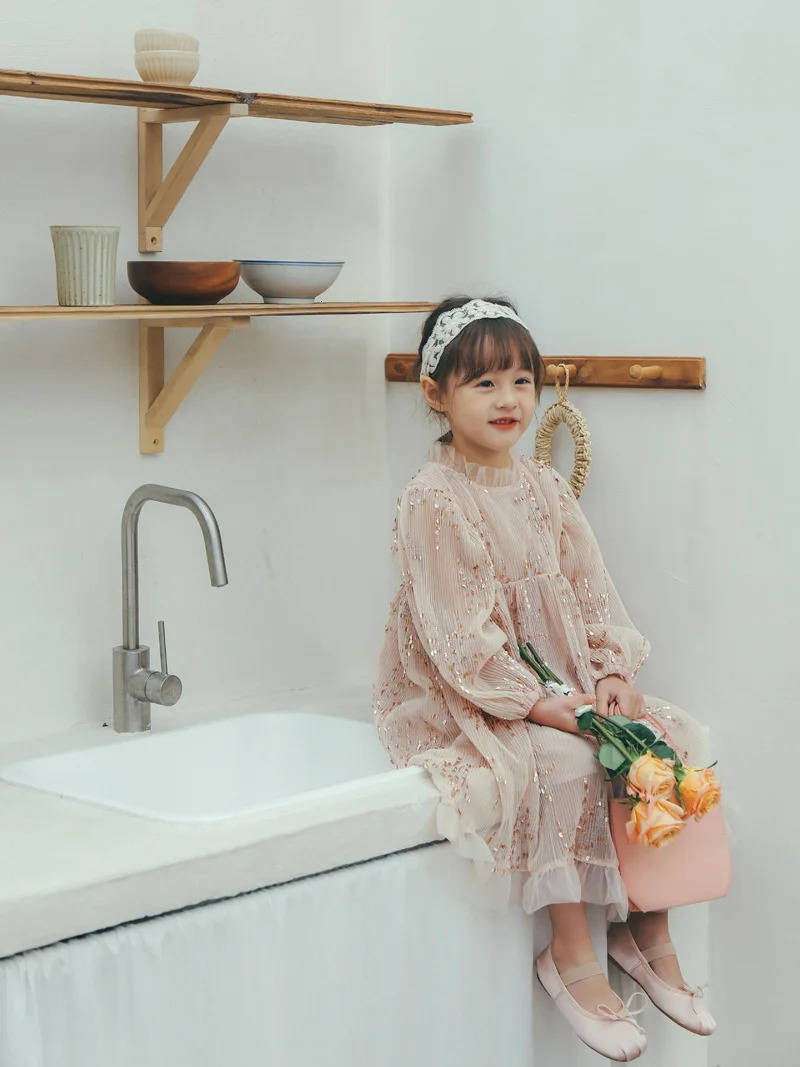 deer jonmi Spring Baby Girls Pink Princess Dresses Sequins Puff Sleeve Ball Gown Children Birthday Party Dress 250120