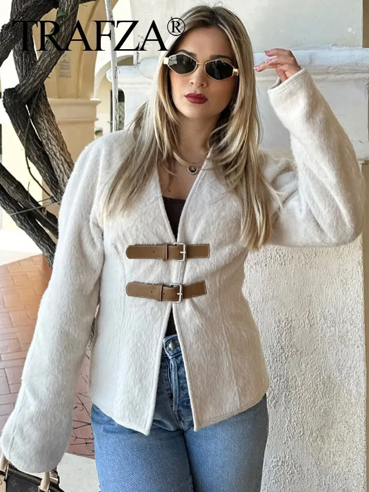 TRAFZA Retro Leather Buckle Woolen Coat Women Fashion Solid V Neck Long Sleeve Beige Jacket Autumn Spring Chic Female Streetwear 250113