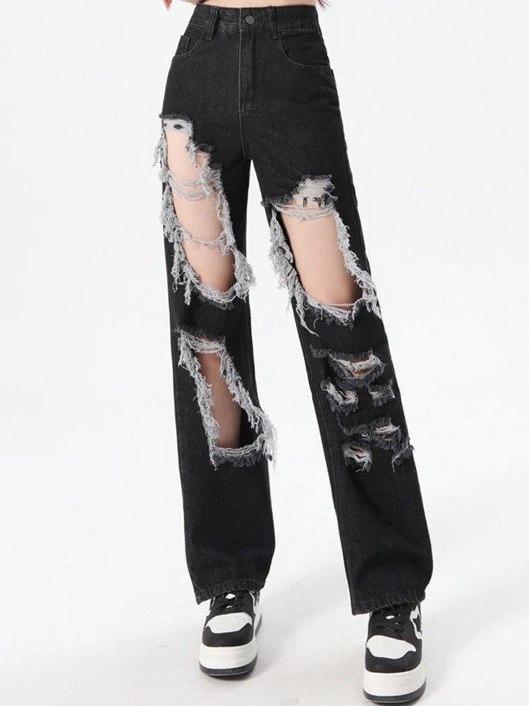 Women Korean High Waist Grunge Ripped Jeans Lady Street Gothic Denim Straight Leg Pants Girls Fashion Black Hole Trousers 250122