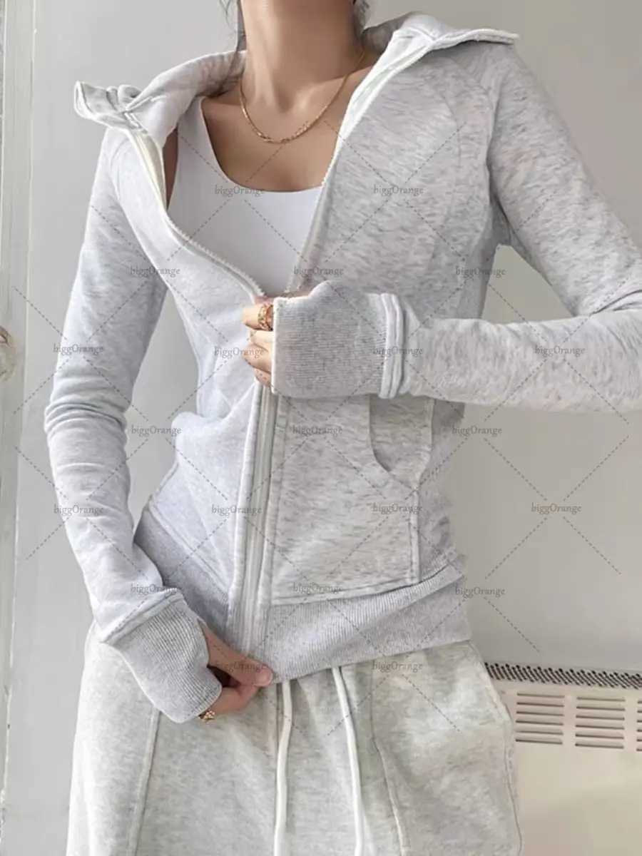 Hip hop fashion brand street clothing jacket Y2K Harajuku personalized fur collar ultra-thin zipper hoodie womens retro casual sportswear W250117