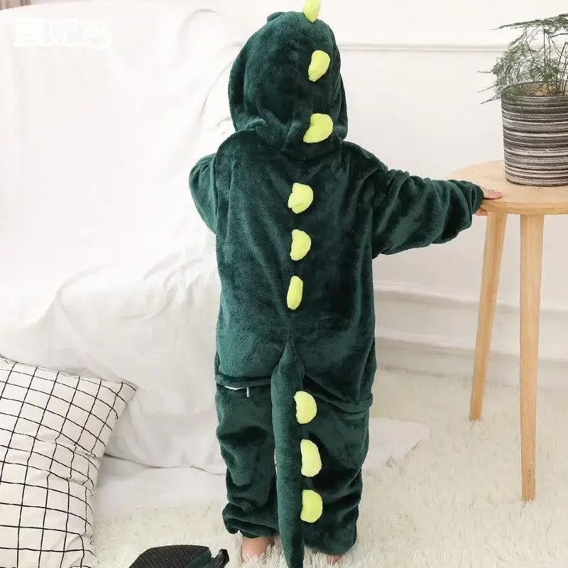 Kids Onesies Boys Girls Green Dinosaur Pajamas Flannel Sleepwear Nightwear Animal Cosplay Costume Halloween Party Funny Outfits 250114