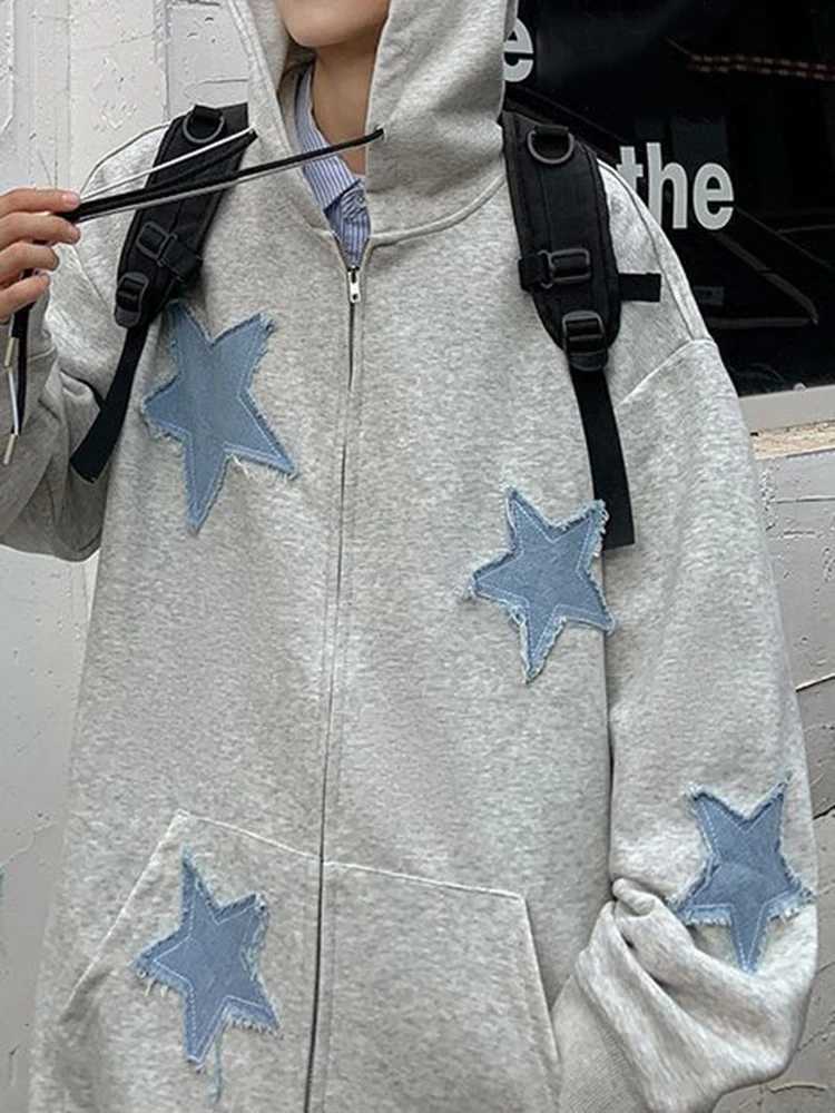 Y2k Hip Hop Womens Star Patch Zip Up Hoodie for Women Oversized Sweatshirt Jacket E-Girl 90s Pullover Gothic Streetwear W250117