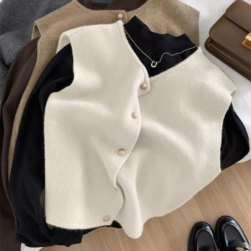 C S Autumn Women Cardigan Korean Elegant Knitted Sleeveless Female Casual Sweater Tanks Slim Fashion Ladies Tops 250109