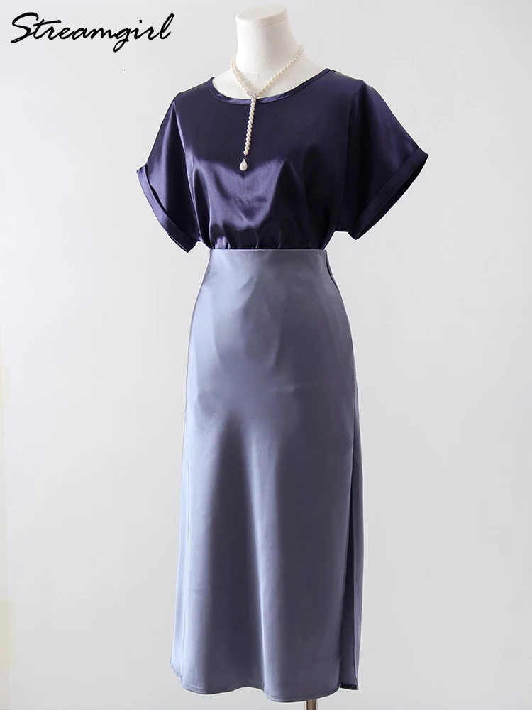 Streamgirl Satin Slit Skirts For Women Midi Spring A Line Solid Green Skirts Formal Lady Office Womens Midi Skirts 250117