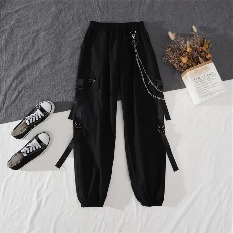 Spring Autumn Women Harajuku Cargo Pants Handsome Cool Two-piece Suit Chain Long SleeveRibbon Pants 250118