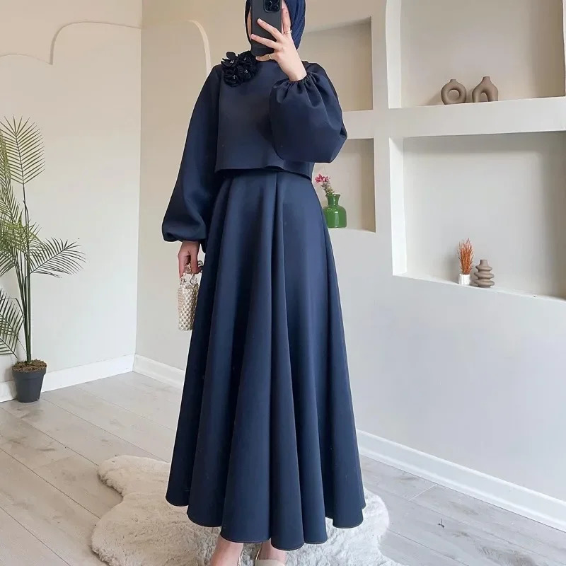 Autumn Womens Clothing Flower Three-Dimensional Decoration Lantern Sleeve Solid Color Skirt Suit Two-Piece Set 250122