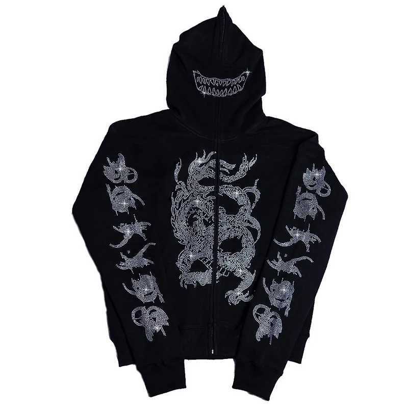 Fall Winter Rhinestone Embroidery Black Retro Jacket Men Women Hooded Sports Long Sleeve Oversized Casual Zipper Jackets Y2k Top W250117
