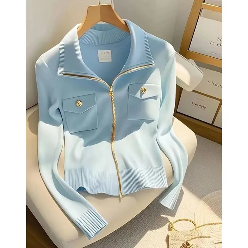 2025 Spring Autumn Polo Collar Zipper Womens Knitting Cardigan Sweater Jacket Personality Elegant Casual Ladies Sweater Coat 250116