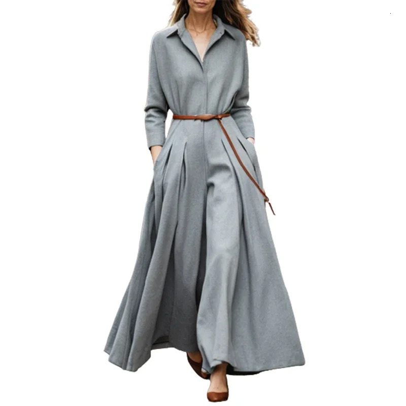Lemongor British Style Long Sleeves Pleated Lapel Wide Leg Jumpsuits Women Spring Autumn Casual Office Grey Jump Suits 250114