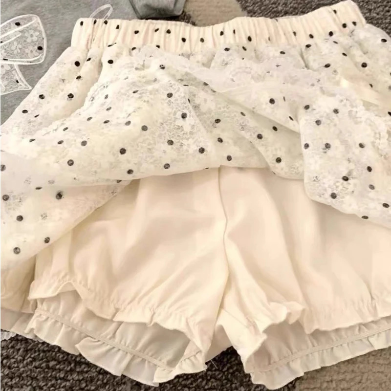 MEXZT Kawaii Dots Mini Skirt Women Japanese Cute Lace Bow Ball Gown Skirts Summer Korean High Waist Ruffles Casual A Line 250121