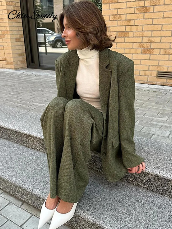 Elegant Coat Pant Sets Woman Fashion Lapel Long Sleeve Single Breasted Blazer Wide Leg Pants 2 Piece Set For Women Loose Outfits 250118
