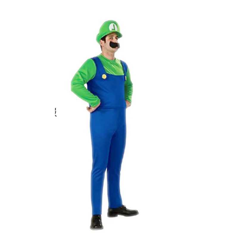 Super Luigi Cosplay Costume Adult Jumpsuit Beard Hat Men and Women Set kid Halloween Costume W250117
