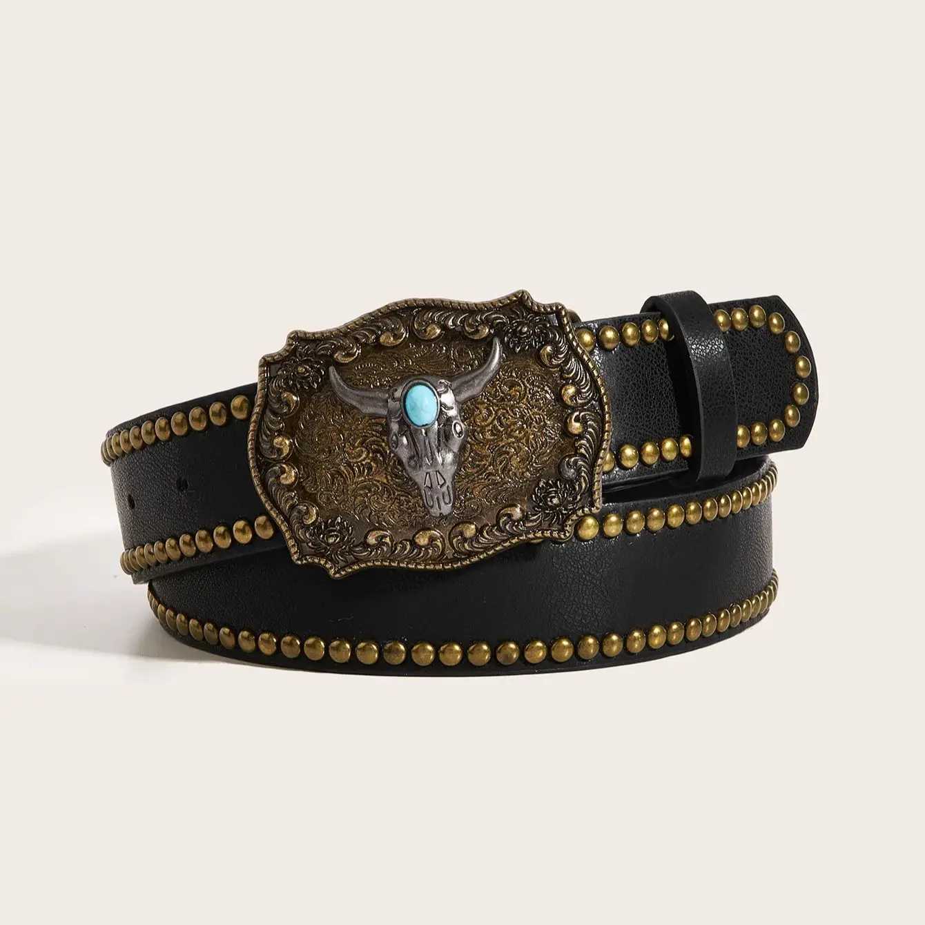 1 piece of western style cow head buckle PU belt for men and women W250120