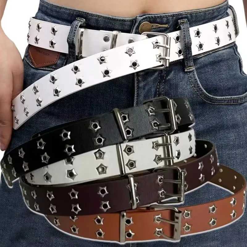 110cm Waist Belt Y2K Punk Rivet Leather Belts Women Men Star PU Black White Waist Strap Double Row Hollow for Jeans Skirt Decor W250120
