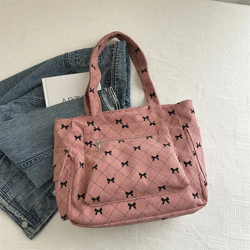 Large Capacity Corduroy Casual Tote Bags For Ladies Casual Bow Pattern Commuting Handbags Womens For Shopping 250122