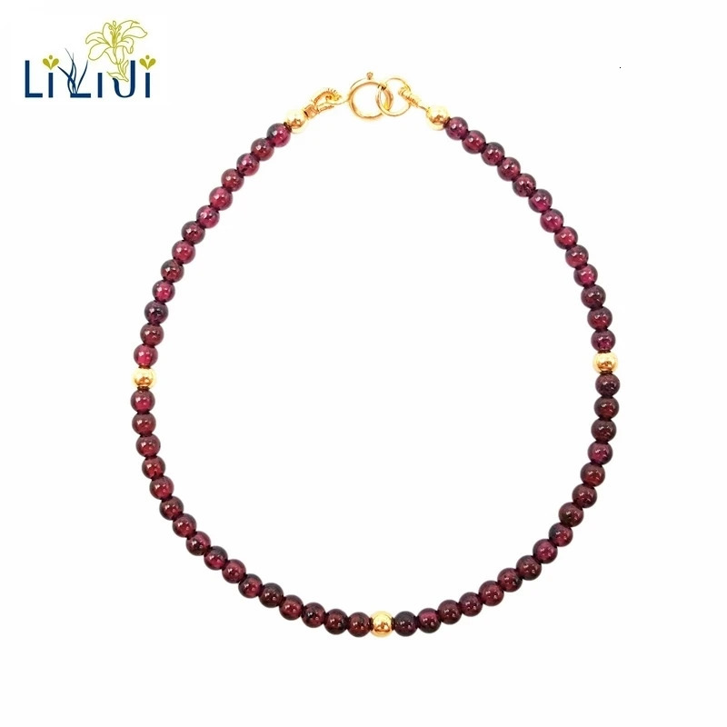 Lili Ji Natural Red Garnet 3-4mm Beads 925 sterling silver gold fashionable gemstone anklet for women as a gift 250110