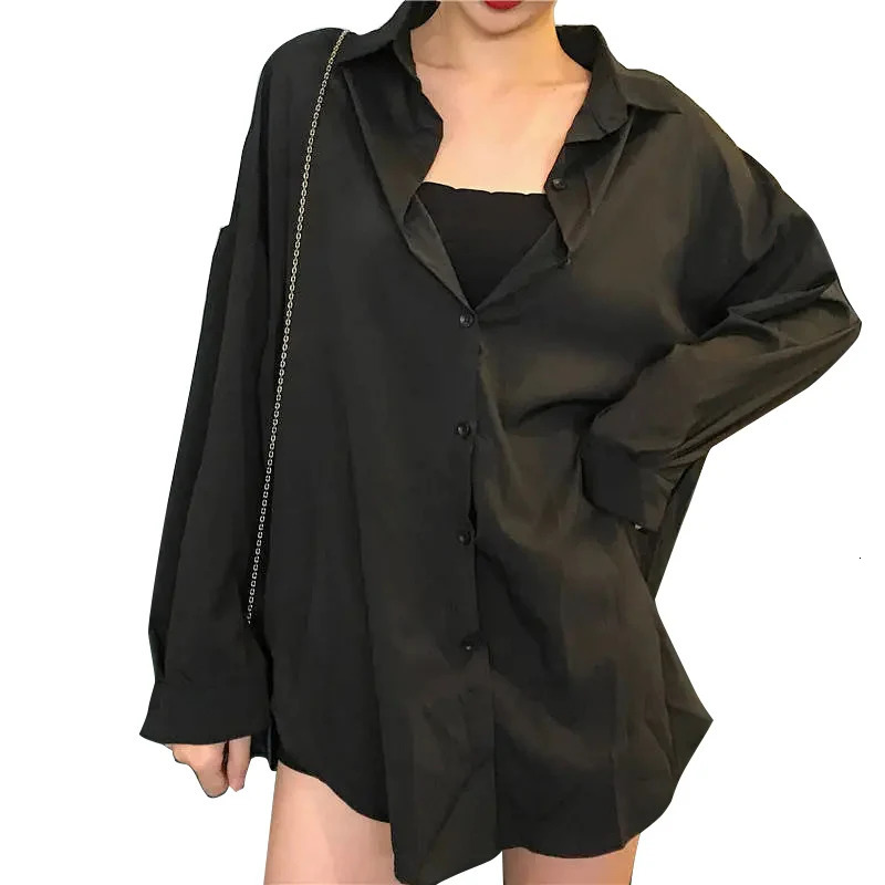 Minimalist Oversize Full Sleeve Women Basic Black Shirt Button Up Blouse Turn Down Collar BF Long Shirts Autumn Cardigan Tops 250121