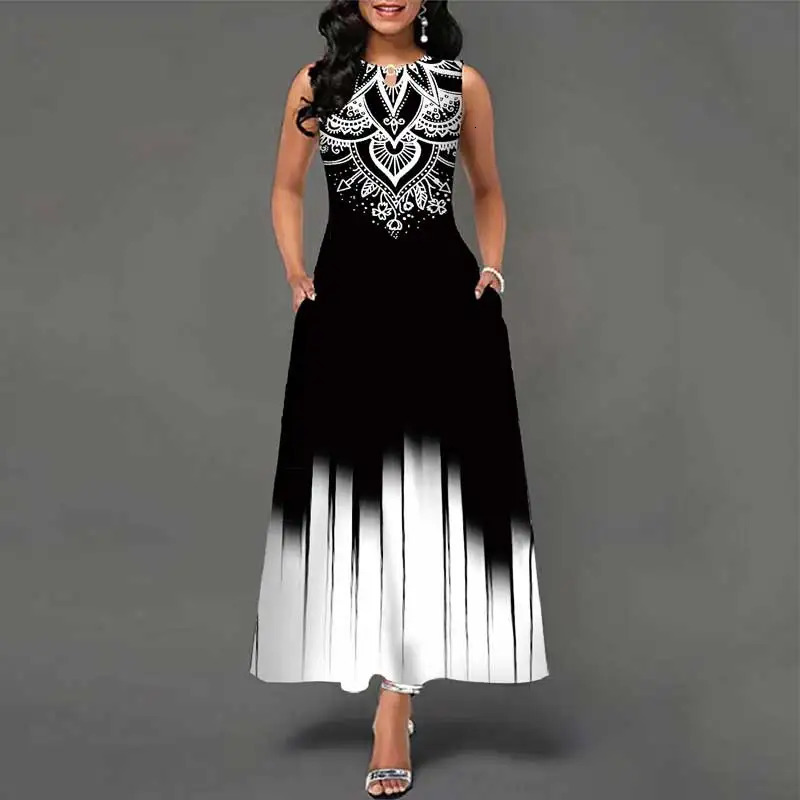 Summer European and American Sleeveless Long Dress Women Flower Print Large Swing Skirt Bohemian Retro Loose Long Skirt 250117