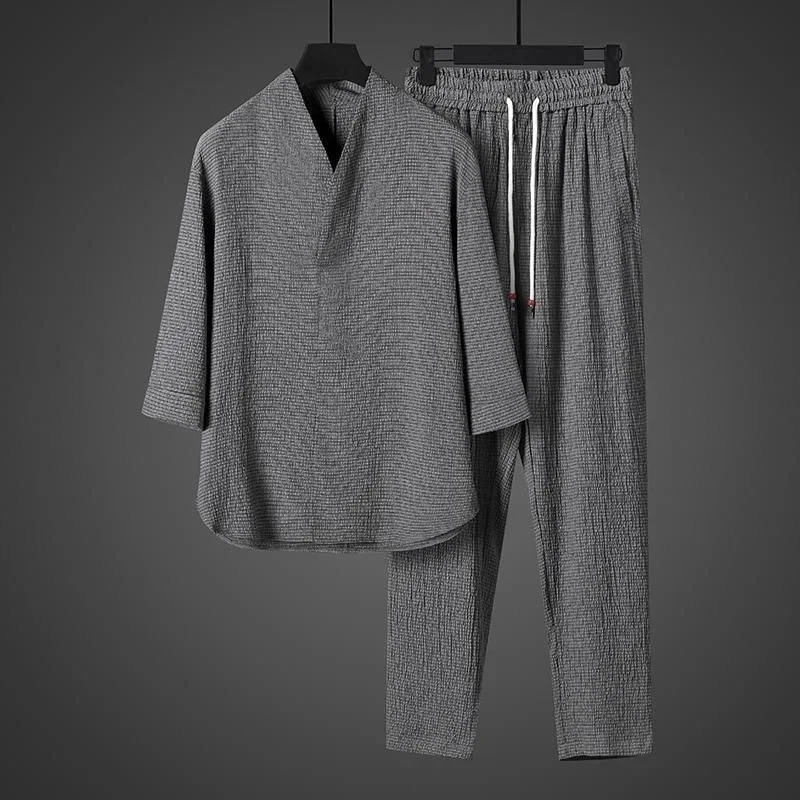 Vintage Button Tops Mens Two Piece Set Summer Casual Shirt and Pants Suits Outfit for Men Solid Color Tracksuit Leisure Clothing 250110
