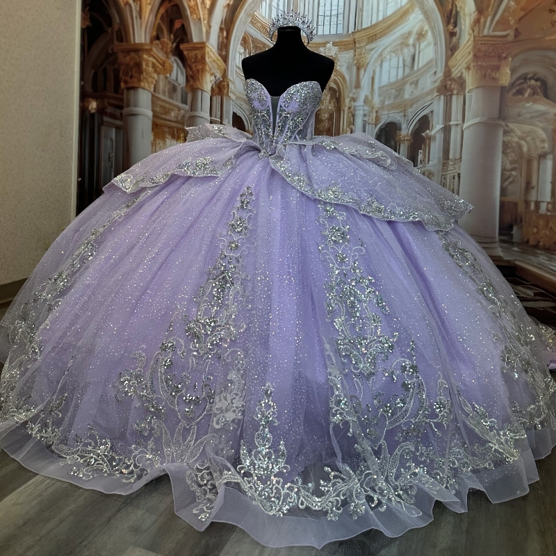 Lavender Quinceanera Dresses Ball Gown Off Shoulder Appliques Lace Beads Bow Tull Corset Birthday Party Sweet 16 Dress Vestidos 15 De anos