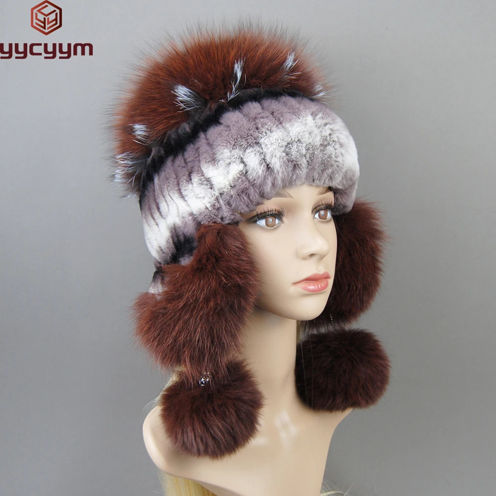 Elastic Knitted Rex Rabbit Fur Beanies Handmade Genuine Fur Hats with Fox Fur Ears Genuine Leather Snow Hats Suitable for Female ers 250109
