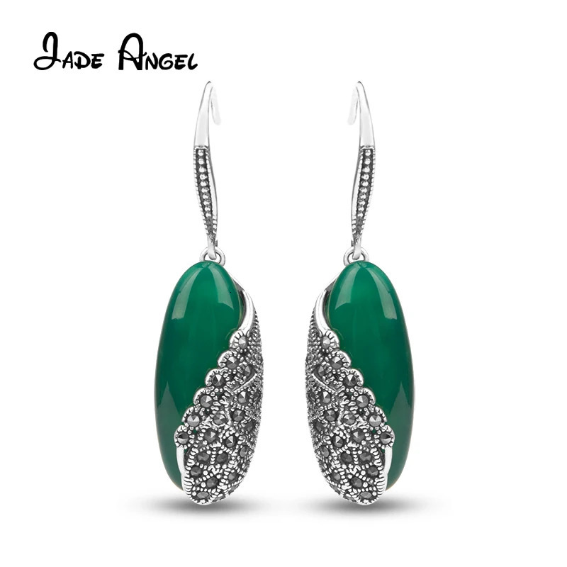 Jade Angel Natural Green Chalcedony Earrings Vintage 925 Sterling Silver Pendant Delicate Womens Earrings 250120