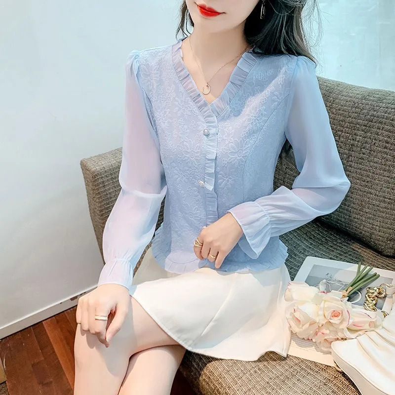 Women Spring Autumn Style Chiffon Blouses Shirts Lady Casual Long Flare Sleeve VNeck Blusas Tops ZZ1553 250121