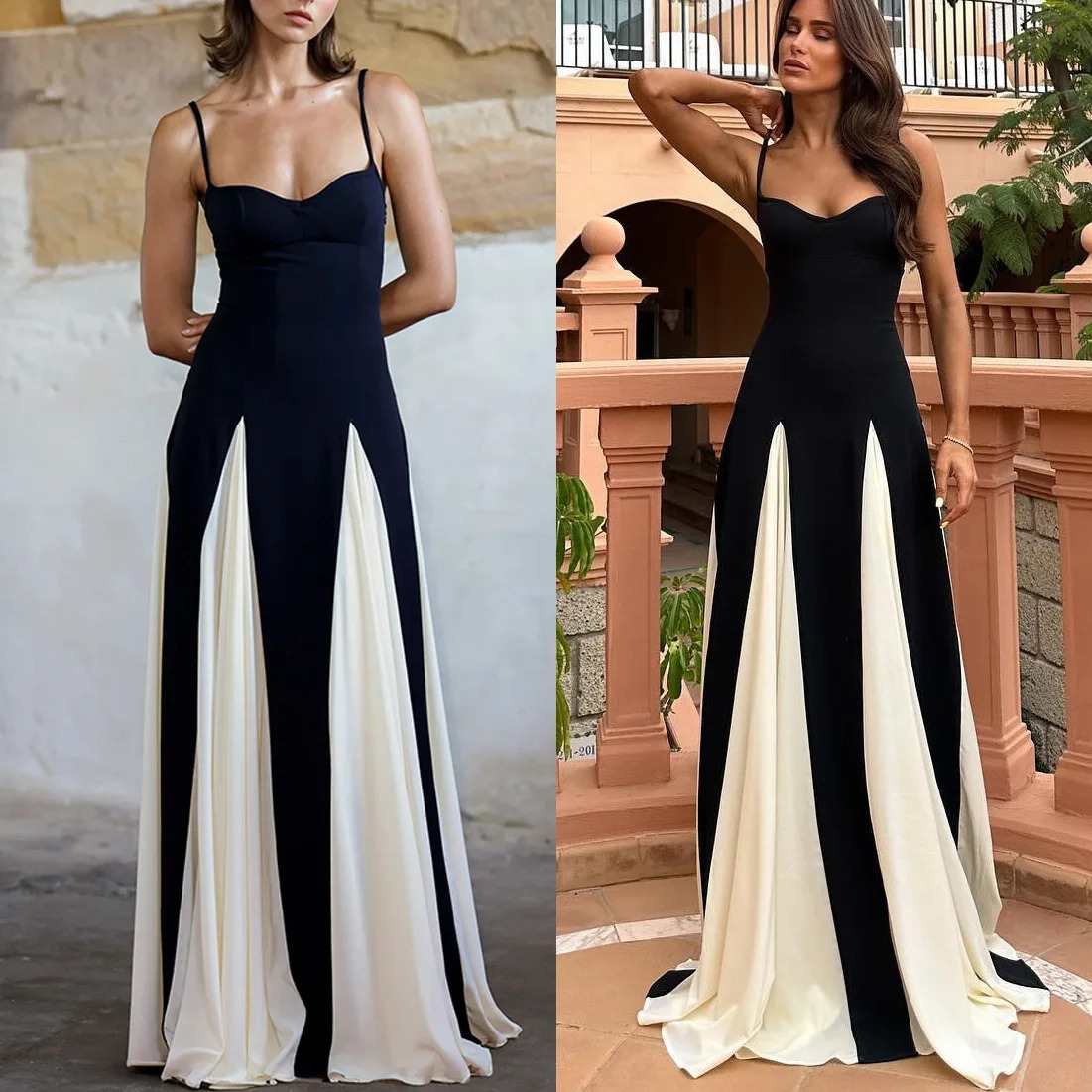 Black White Patchwork Strap Midi Dress Women Sexy Sleeveless Female Sling Elegant Party maxi Dresses Club Vestidos Fashion 250121