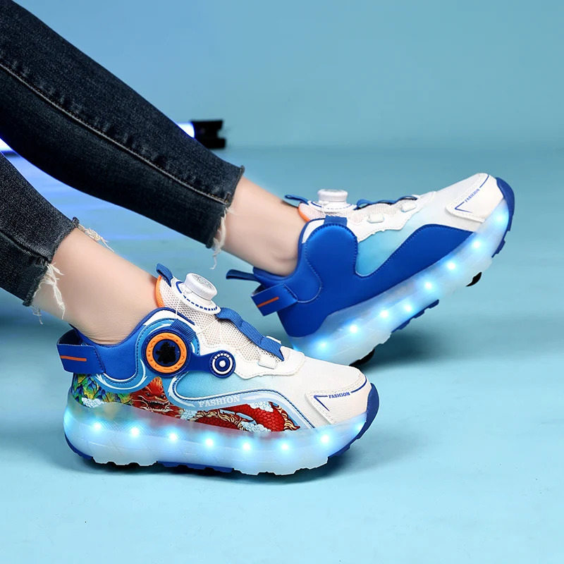 Childrens four-wheel luminous sports shoes LED light roller skating shoes boys and girls USB charging childrens training shoes 250110