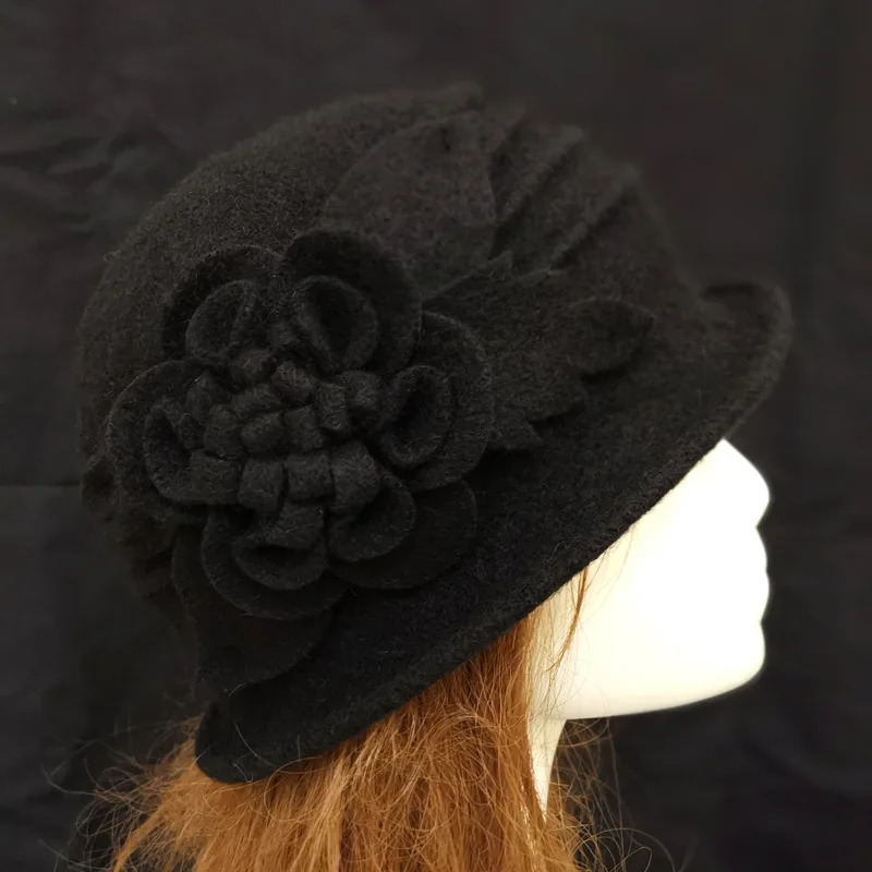 Women 100% Wool Hat For Autumn and Winter Moms Warm Soft Hats Dimensional Floral Fedoras 250118