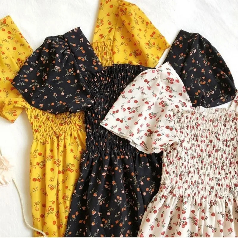 Spring Summer Chiffon Dres Midi DressesFemale Short Sleeve Elastic Waist Printed Floral Pleated Backless Casual Dress 250121