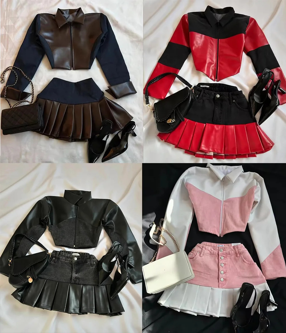 Womens Harajuku Gothic Leather Patchwork Denim Two Piece Set Girl Clothes Color Block Zip Jacket Mini Skirt 250122