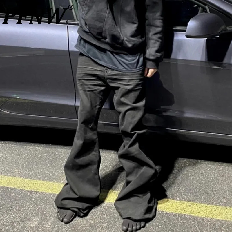 PFNW Mens Denim Pants High Street Wide-leg Flared Jeans2025 Summer Trendy Male Straight Trousers Black Dark Style 12Z6022 250118