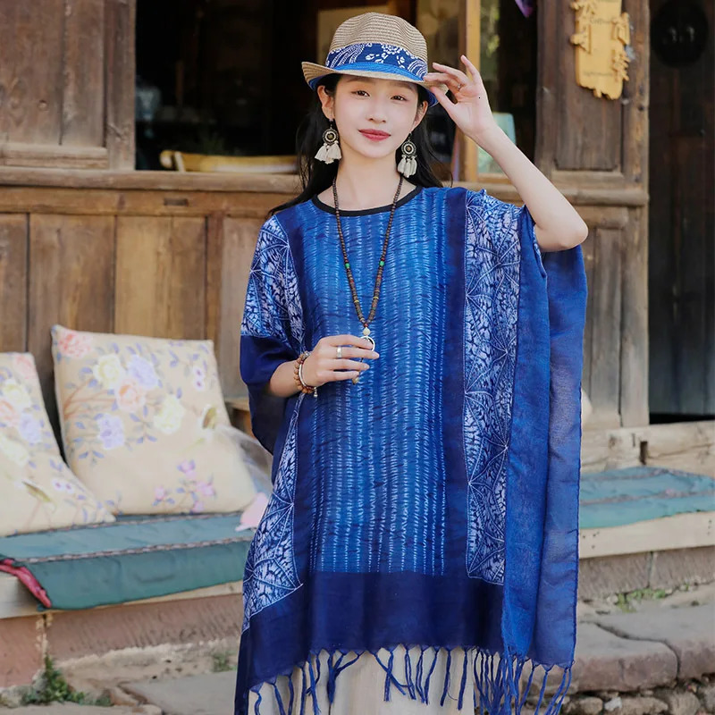 Summer Tie Dyed Ethnic Style Shawl Yunnan Dali Tourism Cloak Coat Shoulder Padded Sunscreen Cloak Tassel Shawl Girl 250121