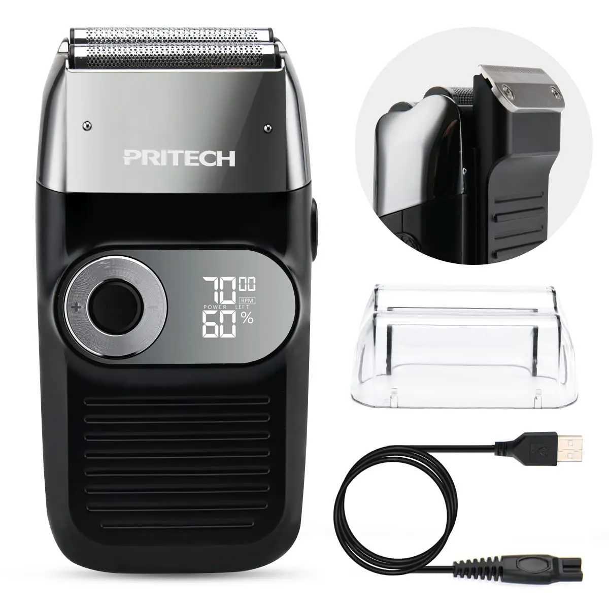 Pritech Rechargeable Electric Shaver for Men Cordless Razor Waterproof Beard Trimmer Head Hair Remover Safety Barber AccessoriesW250117