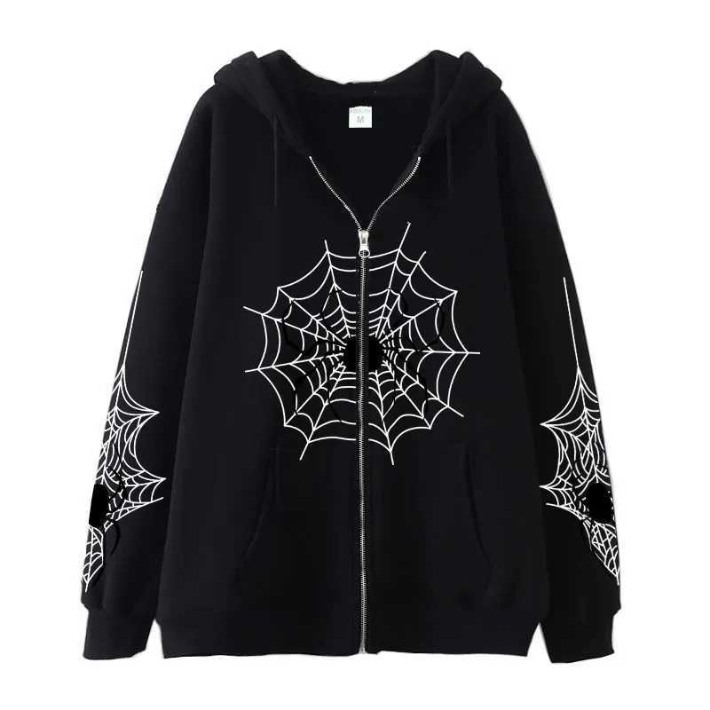 3D Print Spider Web Y2K Zipper High Quality Gothic Ins Womens Hoodies Sweatshirt Loose Oversized Harajuku HighStreet Streetwear W250117