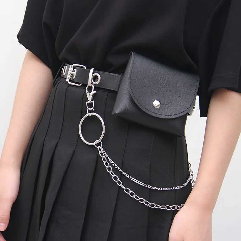 Fashion Harajuku Women Punk Chain Belt Adjustable Black Double/Single Eyelet Grommet Metal Buckle Leather Waistband For Jeans W250120