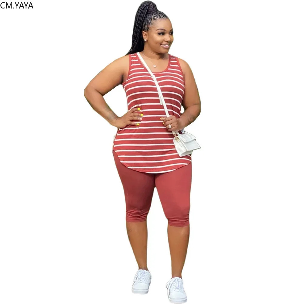 CMYAYA Women Plus Size XL5XL Sport two piece set Tracksuit Striped Tank Tops Knee Length jogger Suit Sweatpants Matching Set 250122