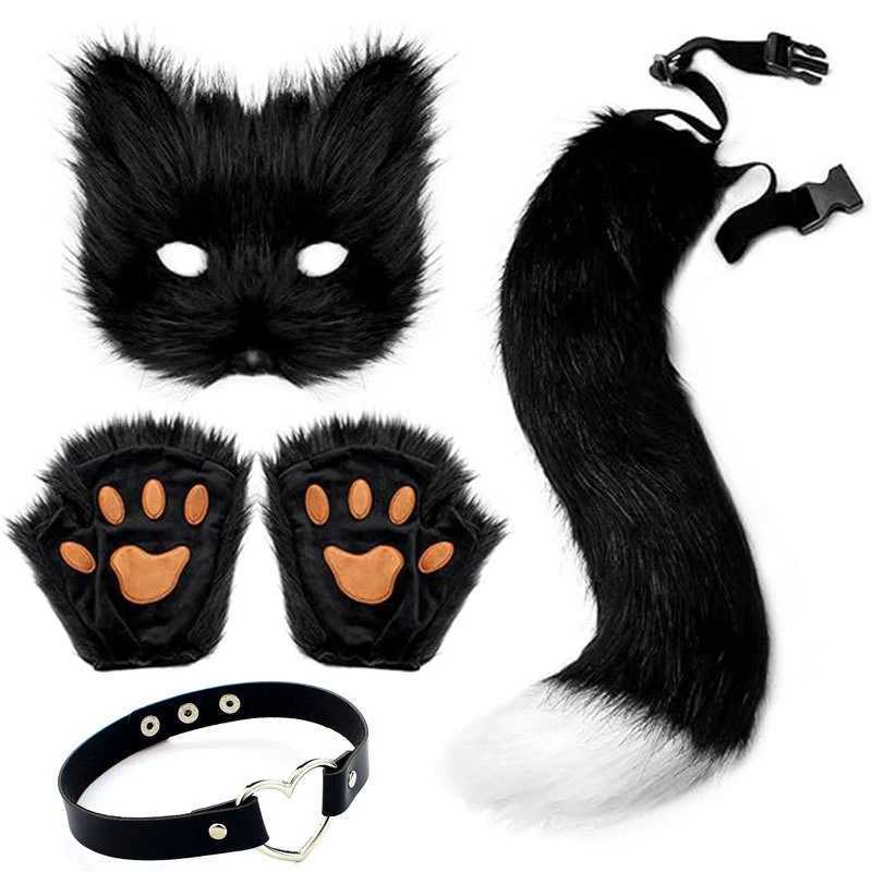 Faux Fur Fox Tail Cat Wolf Cosplay Costume Set Plush Mask Halloween Christmas Party for Women W250117