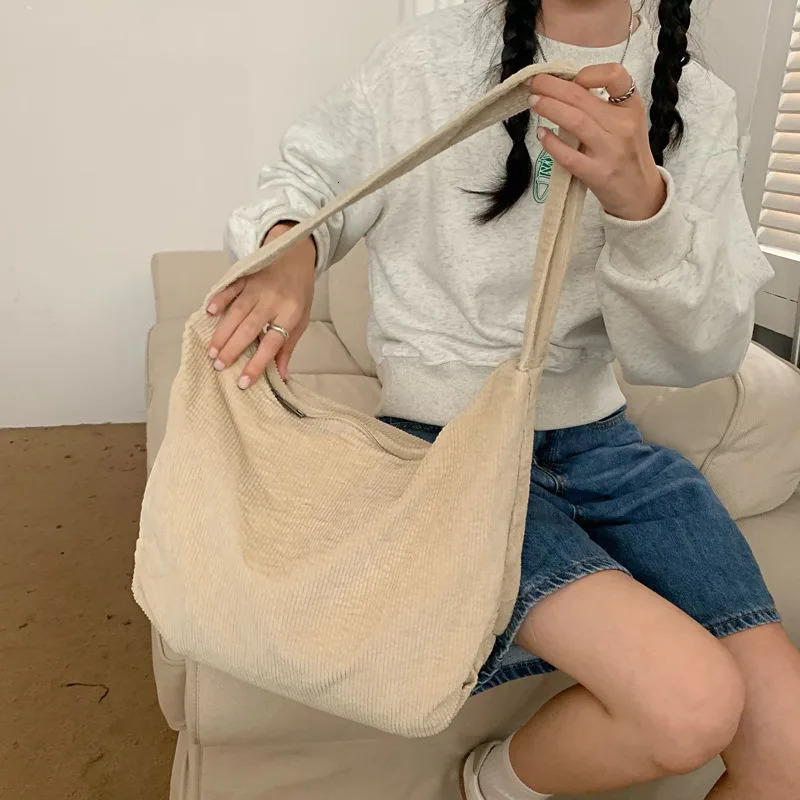 Womens Crossbody Messenger Bag Large Capacity Shoulder Bags Casual Corduroy Tote Handbag Solid Color With Zipper 250122
