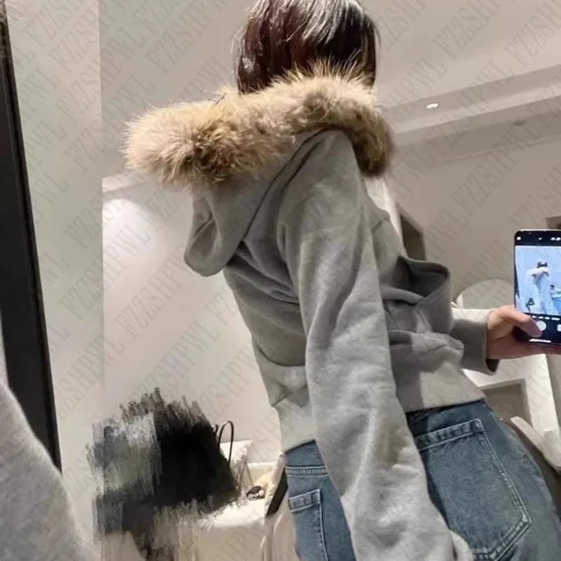 American Retro Fur Collar Hooded Cardigan Coat men Spring Autumn Slim Fit Zipper Jackets Y2k Long Sleeve Sweatshirts 250109