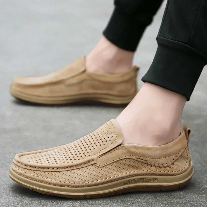 Hollow Out Summer Loafers Luxury Genuine Leather Mens Shoes Suede Male Casual Shoes Breathable Soft Driving Shoes Walking ShoesXJ250118