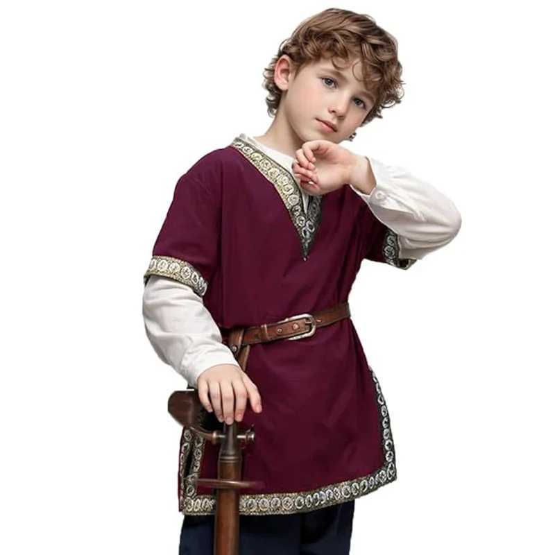 Childrens medieval costume Viking pirate shirt Knight cotton linen retro tuned top Renaissance V-neck childrens Halloween W250117