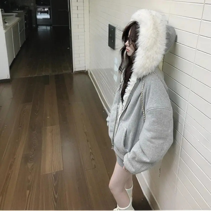 American Streetwear Goth Baggy Long-sleeved Women Fur Collar Spliced Zip Up Hoodies Sweatshirt Autumn and Winter Warm Jacket 250109
