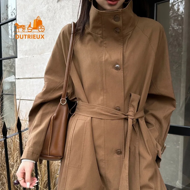 Womens winter windbreaker simple high-end long large silhouette vertical collar windbreaker waist belt jacket jacket 250118