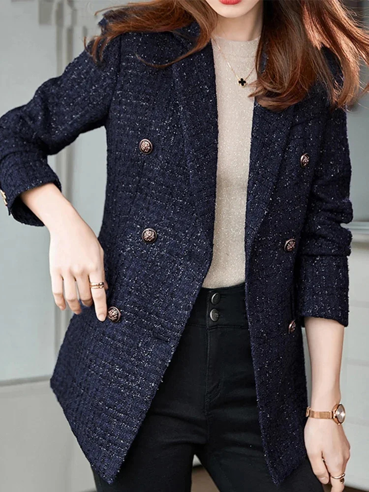 Womens Casual Long-Sleeved Elegant Double Breasted Navy Winter Tweed Blazer Y2K Thick Warm and Long Women Overcoat with Button 250109